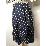 Vintage navy and white polka dot ruffle wrap dress