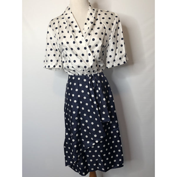 Vintage navy and white polka dot ruffle wrap dress